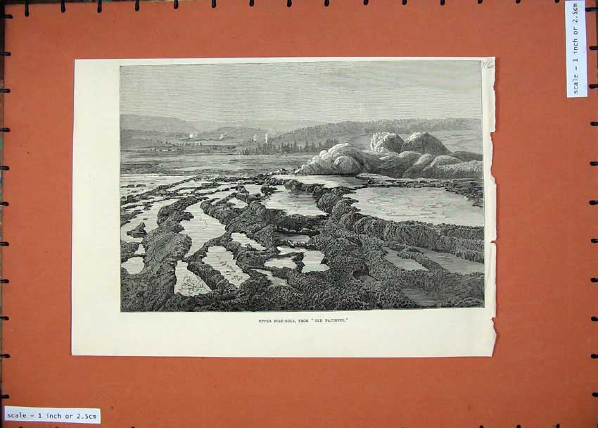 Original Old Antique Print 1874 Upper Fire-Hole Faithful Mountains Fine Art