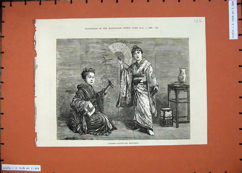 Original Old Antique Print 1874 Japanese Dancing Girls Practising Costumes 19th