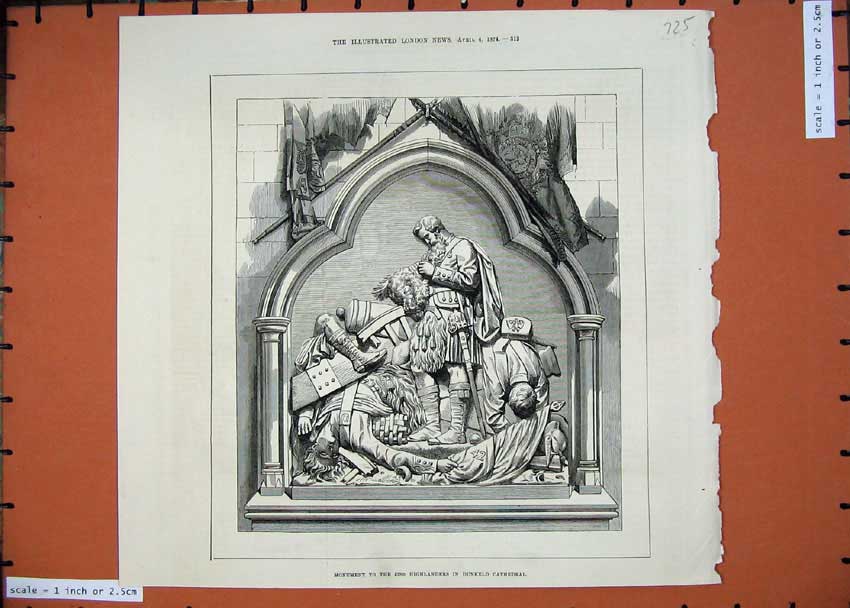 Original Old Antique Print 1874 Monument Highlanders Army Dunkeld Cathedral