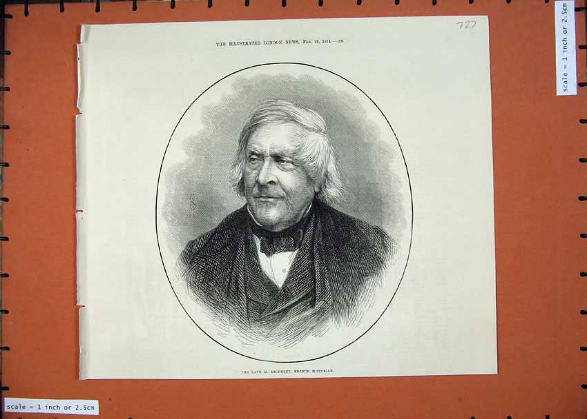 Original Old Antique Print 1874 Late Michelet French Historian Man Portrait