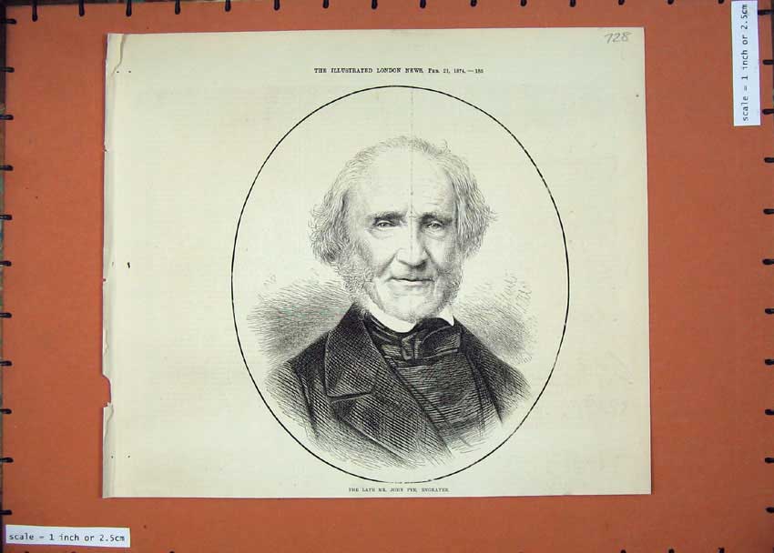 Original Old Antique Print 1874 Portrait Late Mr John Pye Engraver Man 19th