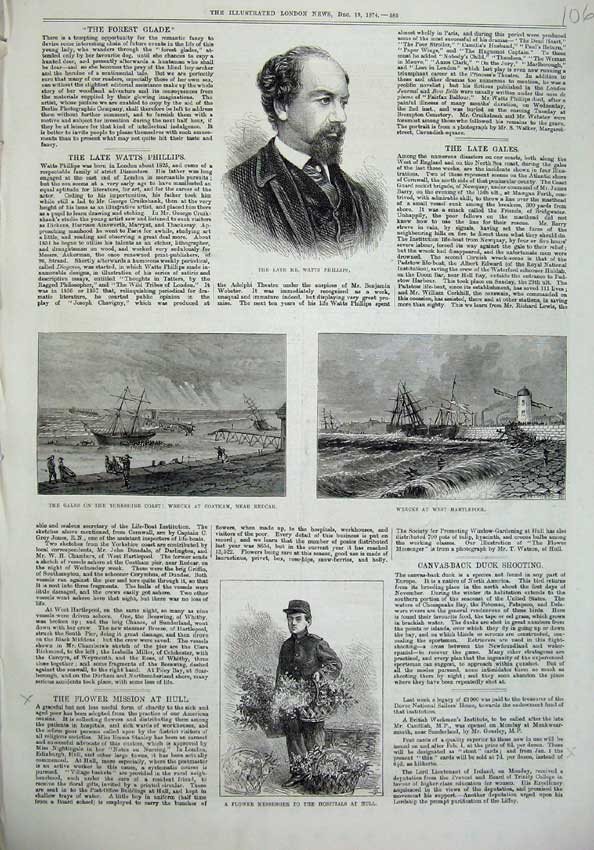 Original Old Antique Print Watts Phillips 1874 Ship Wreck Yorkshire Man Flowers