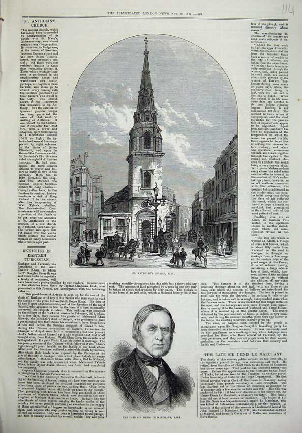Old Antique Print 1874 St Antholin'S Church City Man Sir Denis Marchant 19th