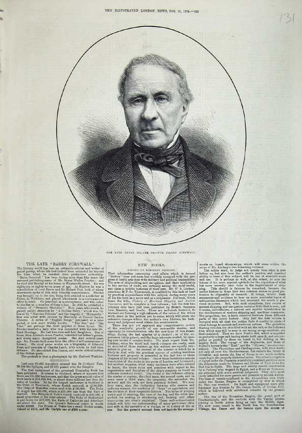 Original Old Antique Print 1874 Late Bryan Waller Proctor Barry Cornwall Man