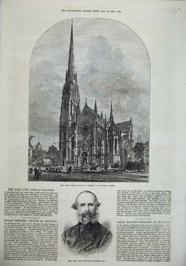 Original Old Antique Print Roman Catholic Church Arundel 1874 George Manners