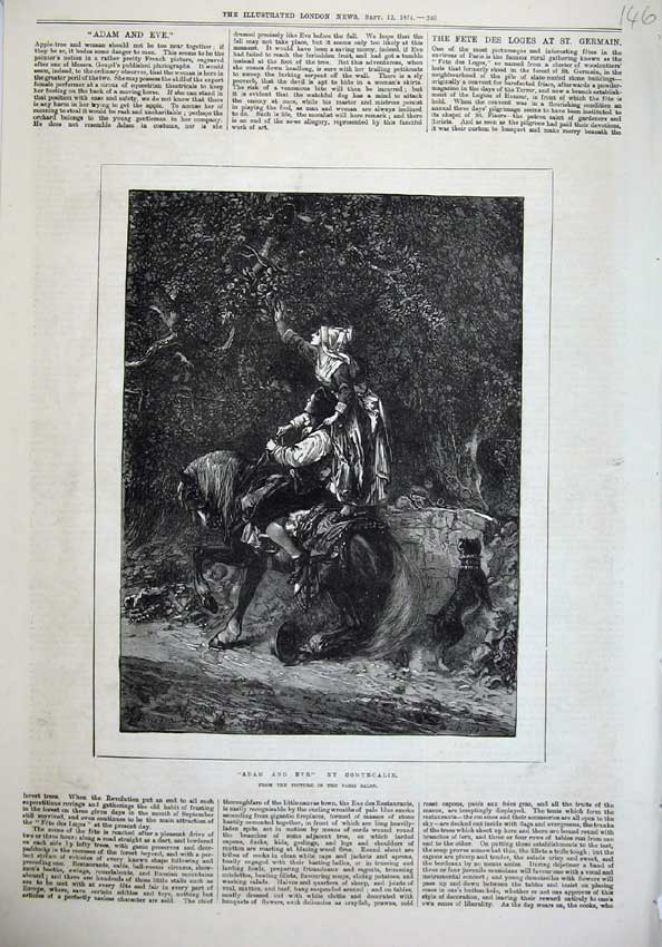 Original Old Antique Print 1874 Fine Art Adam Eve Horse Romance Comte-Calix