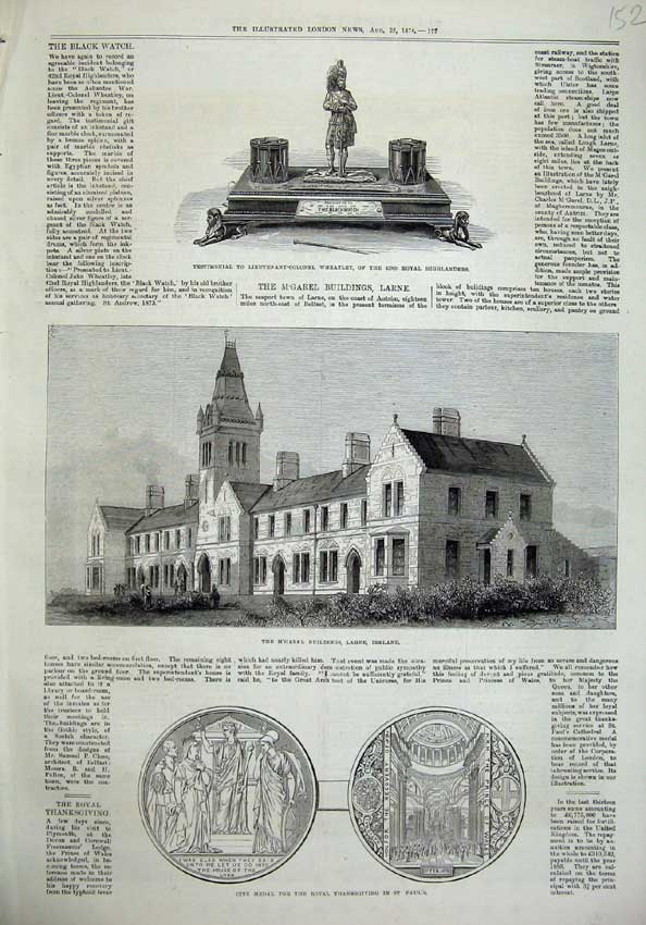 Original Old Antique Print 1874 Medal M'Garel Buildings Larne Ireland Wheatley