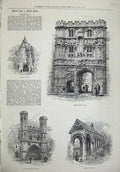 Original Old Antique Print 1874 Canterbury Chapter House Church Gate Augustine