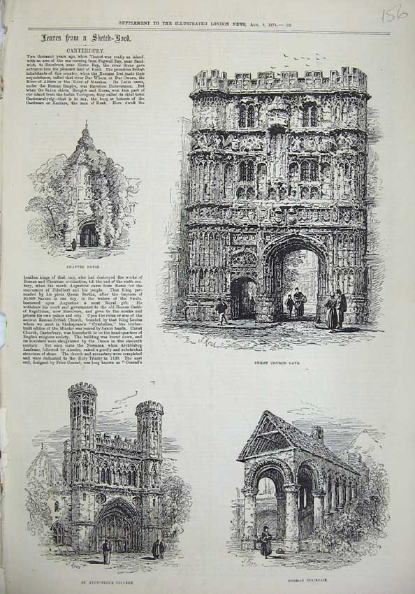 Original Old Antique Print 1874 Canterbury Chapter House Church Gate Augustine