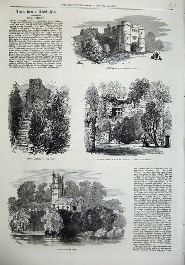 Original Old Antique Print Carisbrook 1874 Church Gateway Castle Steps Keep Art