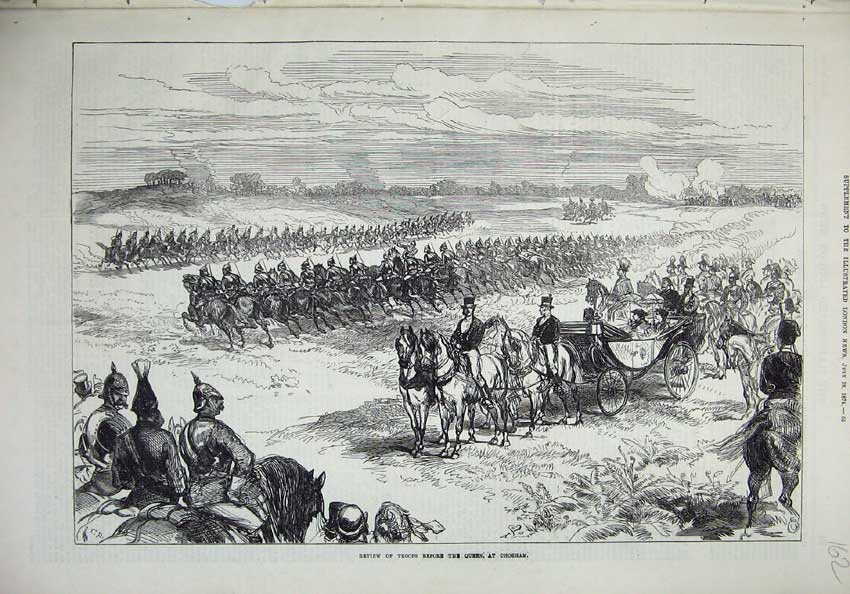 Original Old Antique Print 1874 Review Troops Queen Chobham Army Horse Carriage