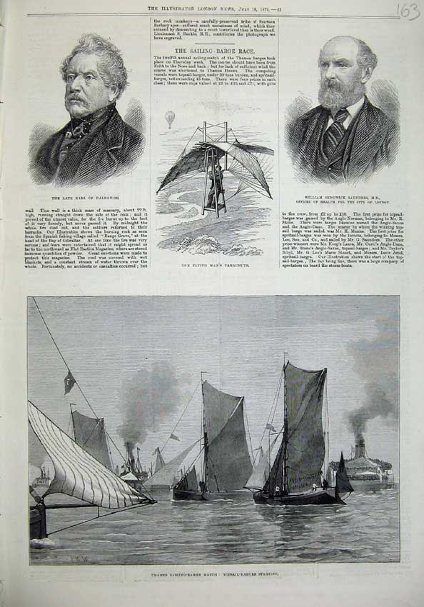 Old Antique Print 1874 Topsail Barge Racing Dalhousie Saunders Parachute 19th
