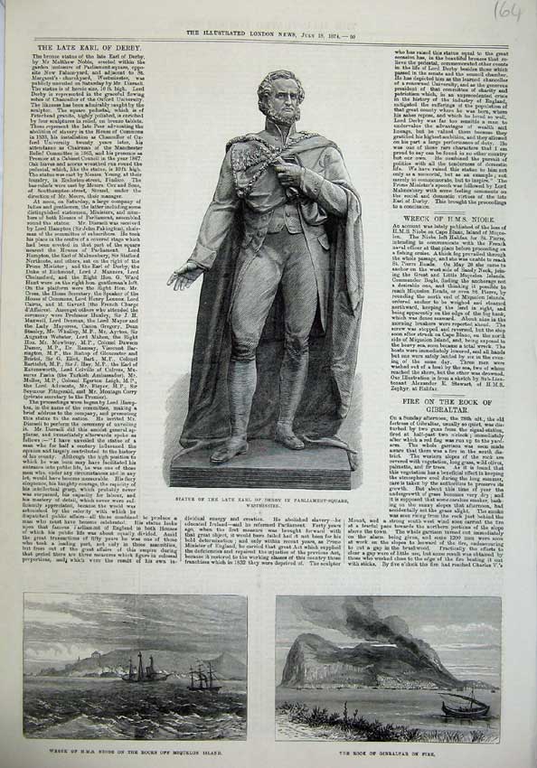 Old Antique Print 1874 Statue Earl Derby Ship Wreck Niobe Gibraltar Rock 19th