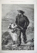 Old Antique Print 1874 Fine Art Man Telescope Little Girl South Coast Sea 19th