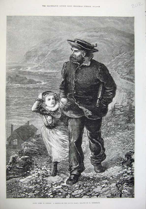 Old Antique Print 1874 Fine Art Man Telescope Little Girl South Coast Sea 19th