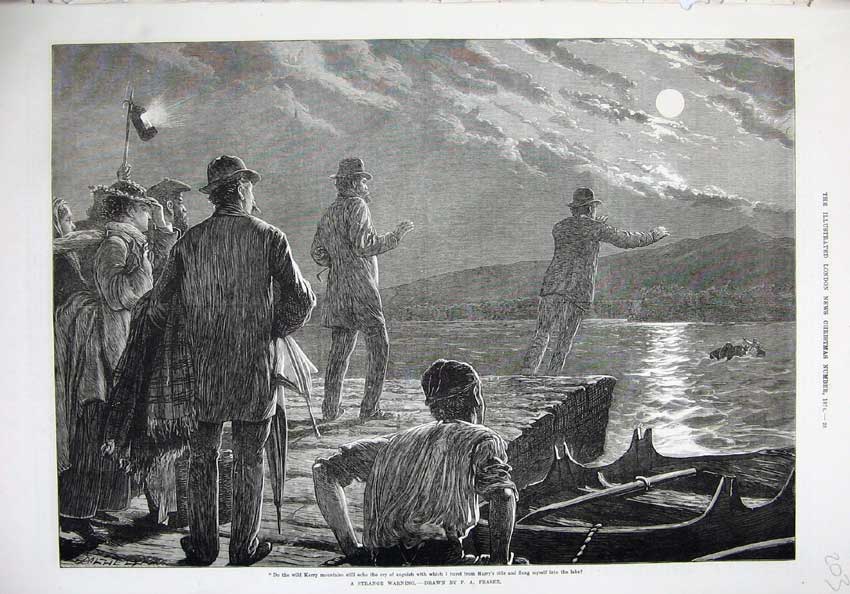Old Antique Print 1874 Fine Art Kerry Mountains Moonlight Woman Boat Man 19th