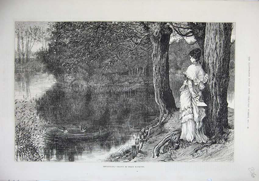 Old Antique Print Fine Art 1874 Reflections Macquoid Lake Trees Bird Lady 19th