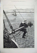 Old Antique Print 1874 Christmas Sea Man Sailing Ship Mast Robertson Art 19th