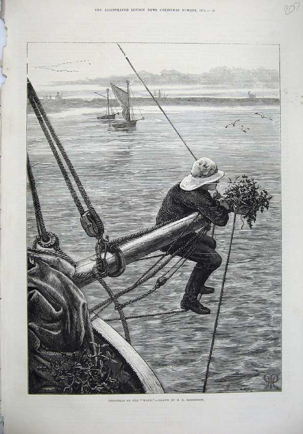 Old Antique Print 1874 Christmas Sea Man Sailing Ship Mast Robertson Art 19th