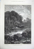 Old Antique Print 1874 Fine Art Country Spectre Stag Hunting Lake Trees 19th