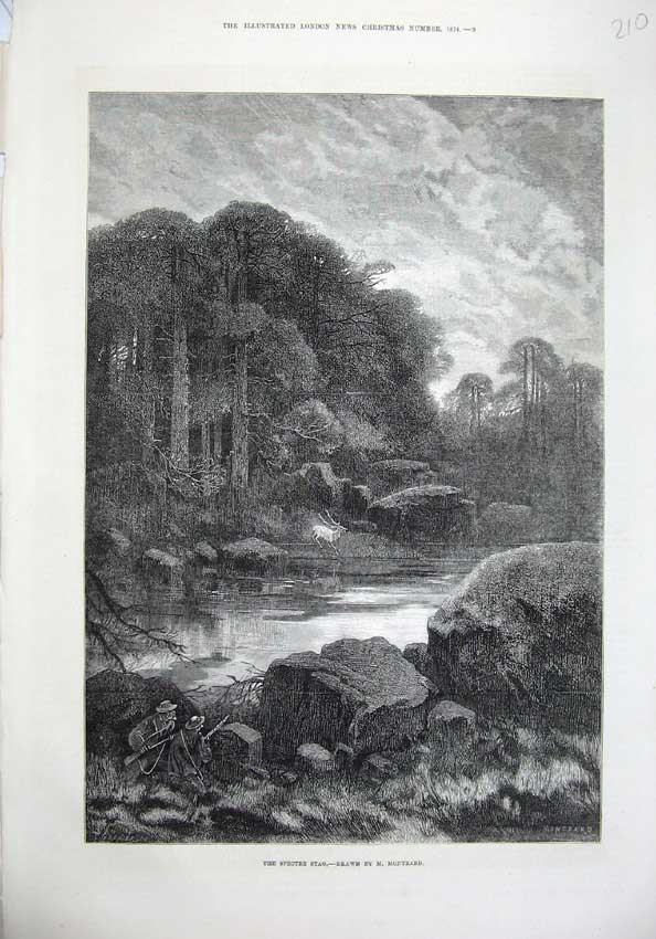 Old Antique Print 1874 Fine Art Country Spectre Stag Hunting Lake Trees 19th