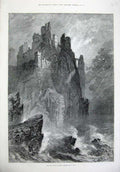 Original Old Antique Print 1874 Fine Art Sea King'S Castle Ruins Rocks Read