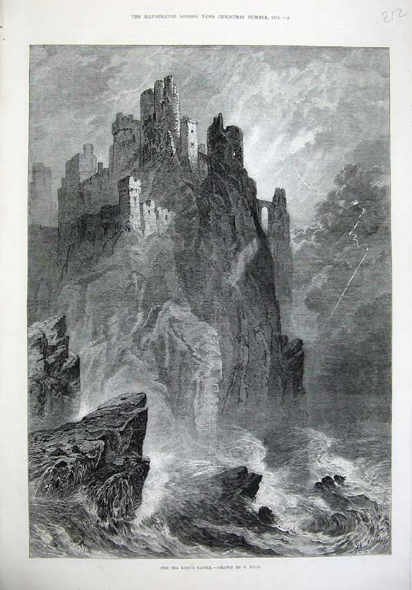 Original Old Antique Print 1874 Fine Art Sea King'S Castle Ruins Rocks Read