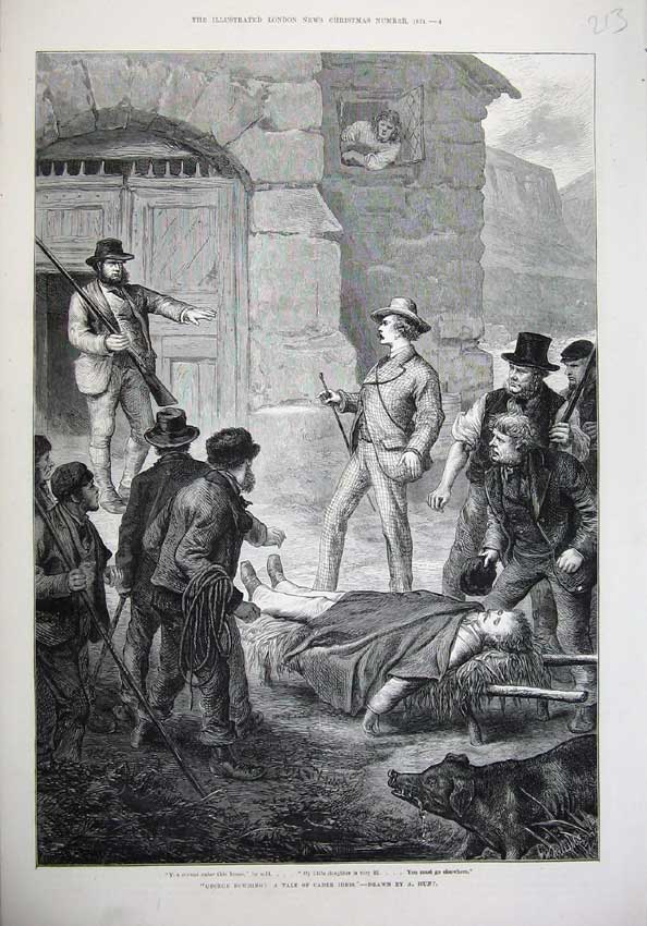Original Old Antique Print 1874 Cader Idris Injured Man Stretcher Guns Hunt