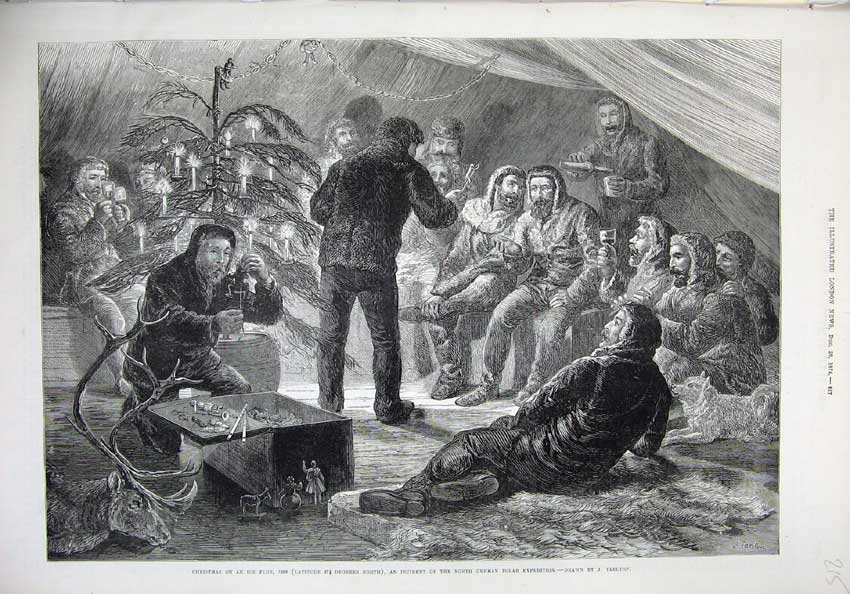 Old Antique Print 1874 Christmas Ice Floe North German Polar Expedition 19th