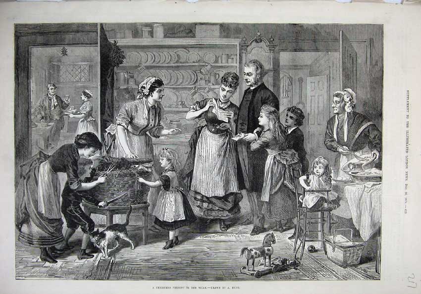 Old Antique Print 1874 Christmas Vicar House Children Woman Presents Cat 19th