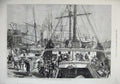 Original Old Antique Print 1874 Landing Oranges Fresh Wharf London Bridge Ships
