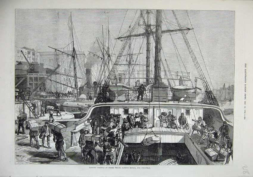 Original Old Antique Print 1874 Landing Oranges Fresh Wharf London Bridge Ships