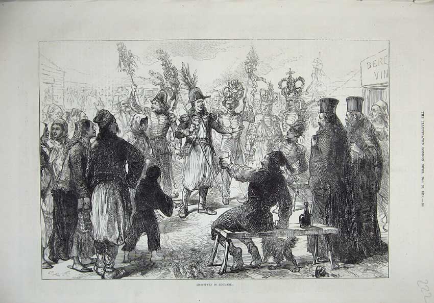 Old Antique Print Christmas Roumania 1874 Army Men Drinking Celebration 19th