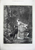 Original Old Antique Print 1874 Fine Art Forest Glade Woman Dog Country Tree