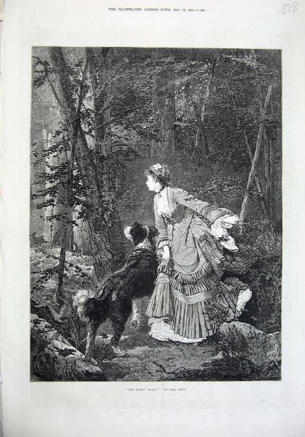 Original Old Antique Print 1874 Fine Art Forest Glade Woman Dog Country Tree