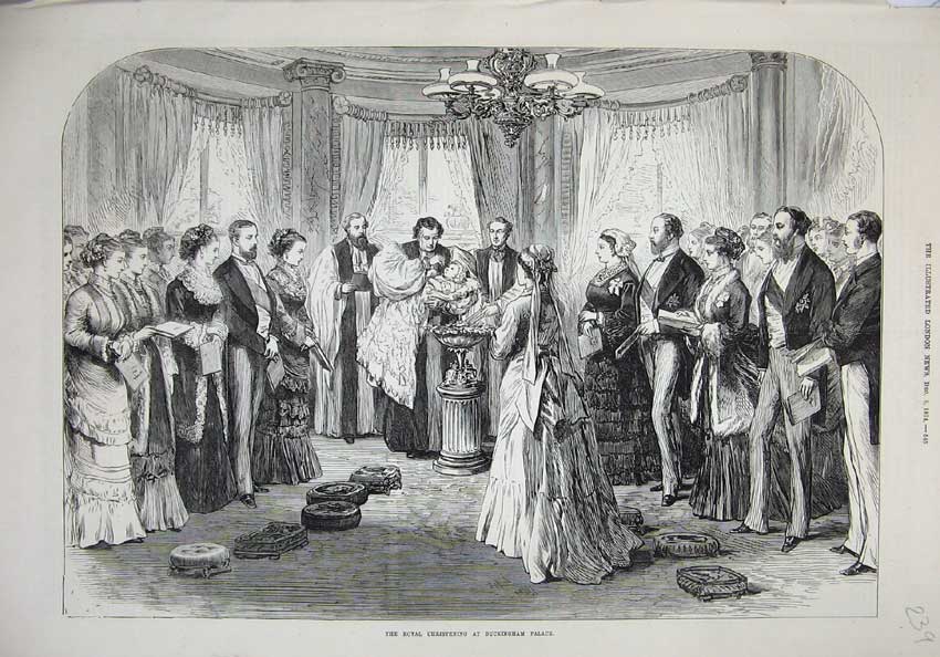 Original Old Antique Print Royal Christening Buckingham Palace 1874 Queen Vicar