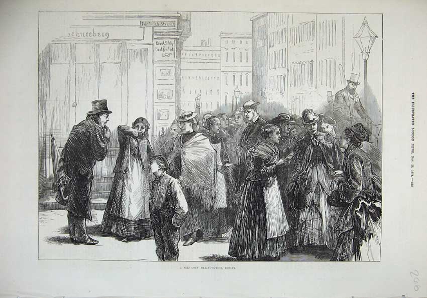 Original Old Antique Print 1874 Servants Hiring Office Berlin Germany People