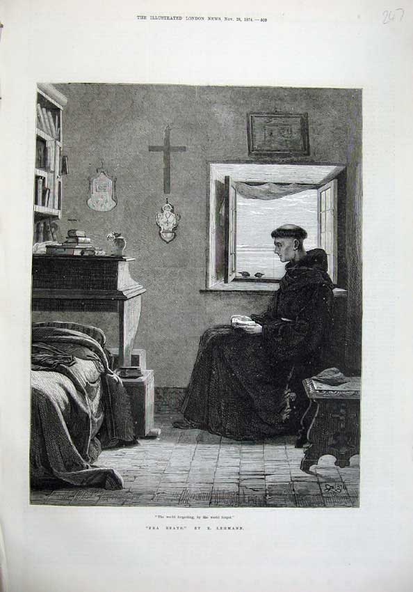Original Old Antique Print 1874 Fra Beato Man Monk Sitting Fine Art Lehmann