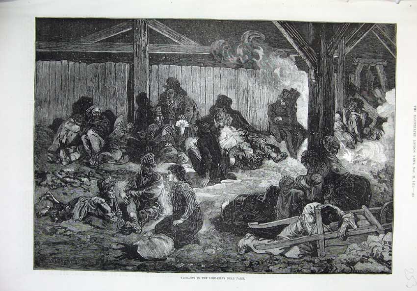 Old Antique Print 1874 Vagrants Lime-Kilns Paris France Poor People Art 19th