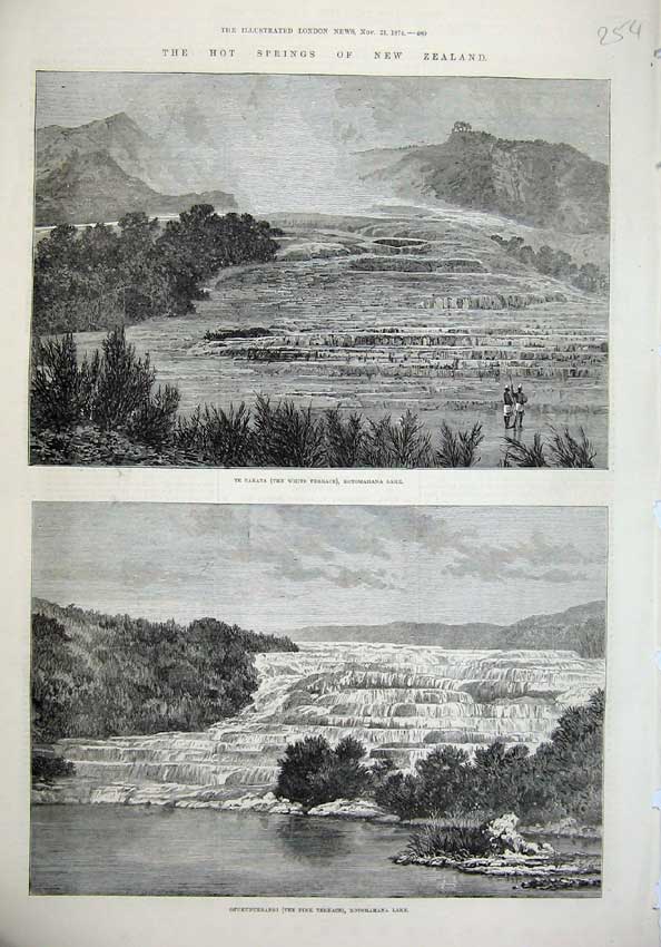 Old Antique Print 1874 Hot Springs New Zealand Te Tarata Rotomahana Lake 19th