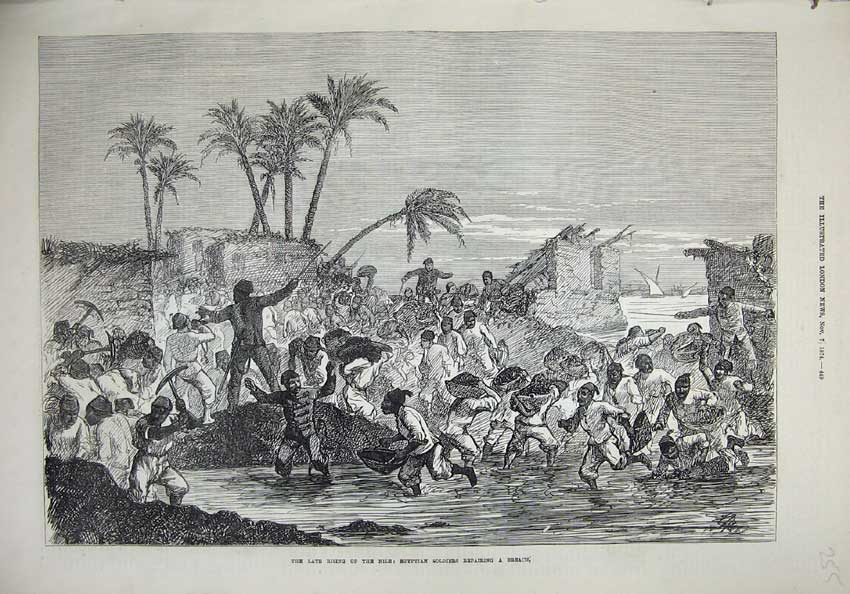 Original Old Antique Print 1874 Rising Nile Egyptain Siers Breach River 19th