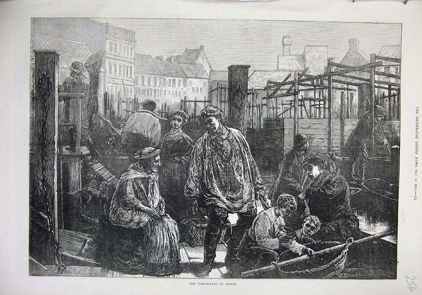 Original Old Antique Print 1874 Fine Art Fish Market Berlin Germany People 19th