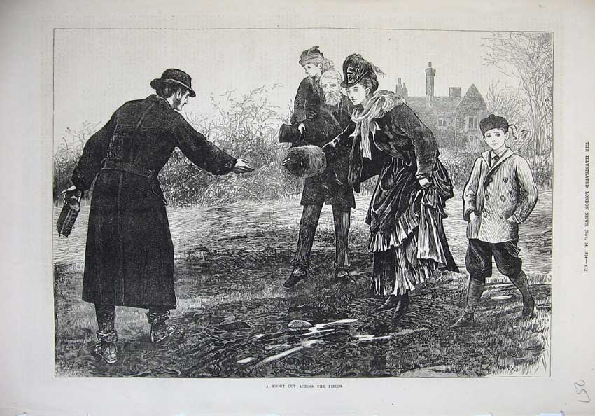 Original Old Antique Print 1874 Family Muddy Field Country House 19th