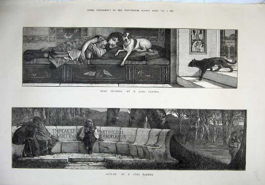 Old Antique Print 1874 Good Friends Autumn Alma Tedema Girl Dog Fine Art 19th