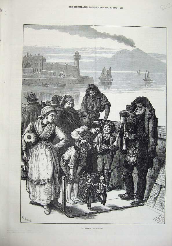 Original Old Antique Print Fine Art 1874 Scene Naples Italy People Children