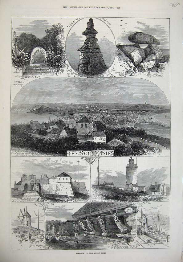 Old Antique Print 1874 Scilly Isles Buzza Mill Lighthouse Castle Abbey S 19th
