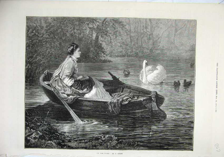 Old Antique Print 1874 Fine Art Rumpf Woman Boat Lake Swans Birds Trees 19th