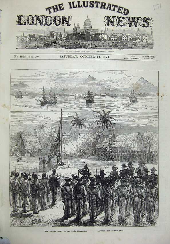 Original Old Antique Print 1874 British Ship Fleet San Jose Guatemala Army Flag
