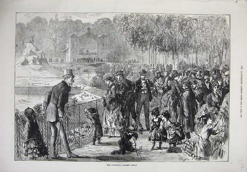 Original Old Antique Print 1874 View Zoological Gardens Berlin Germany 19th