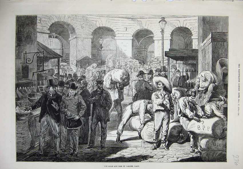 Old Antique Print 1874 Salle Aux Bles Et Farines Paris France Market Art 19th